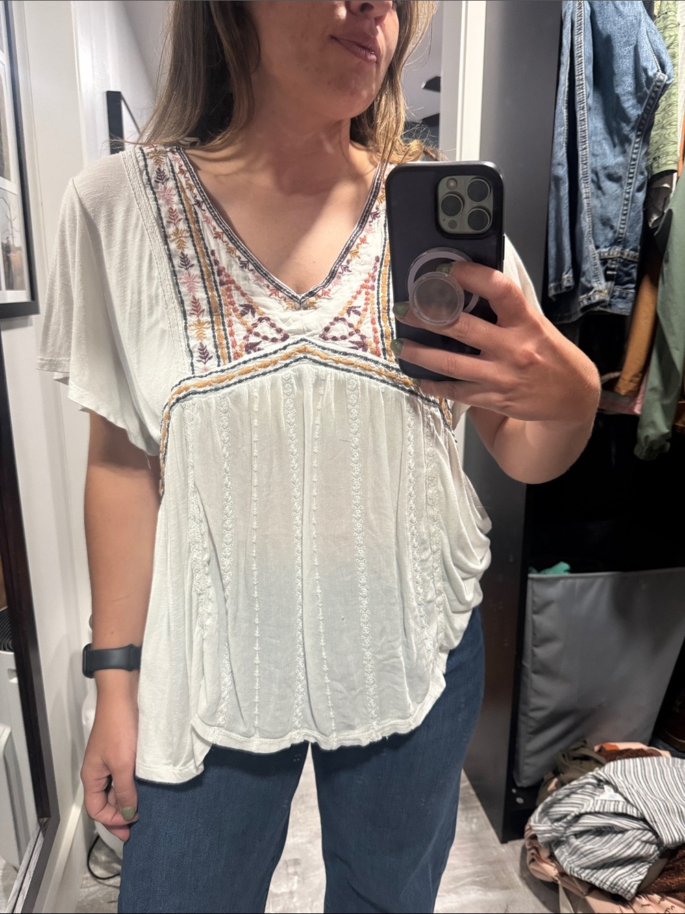 Boho Embroidered V-Neck Cream Women's Top